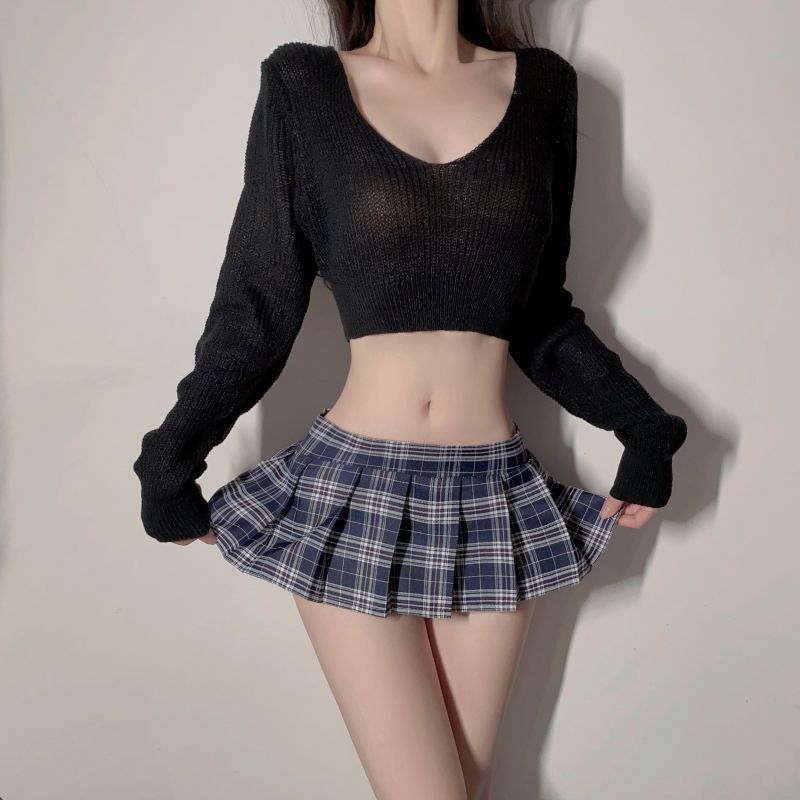 Sexy Knit Sweater and Pleated JK Skirt Set, Long Sleeve Deep V Waist-Cinching Mini Skirt Outfit