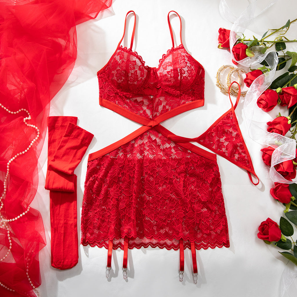Floral Lace Criss‑Cross Cut‑Out Lingerie Set