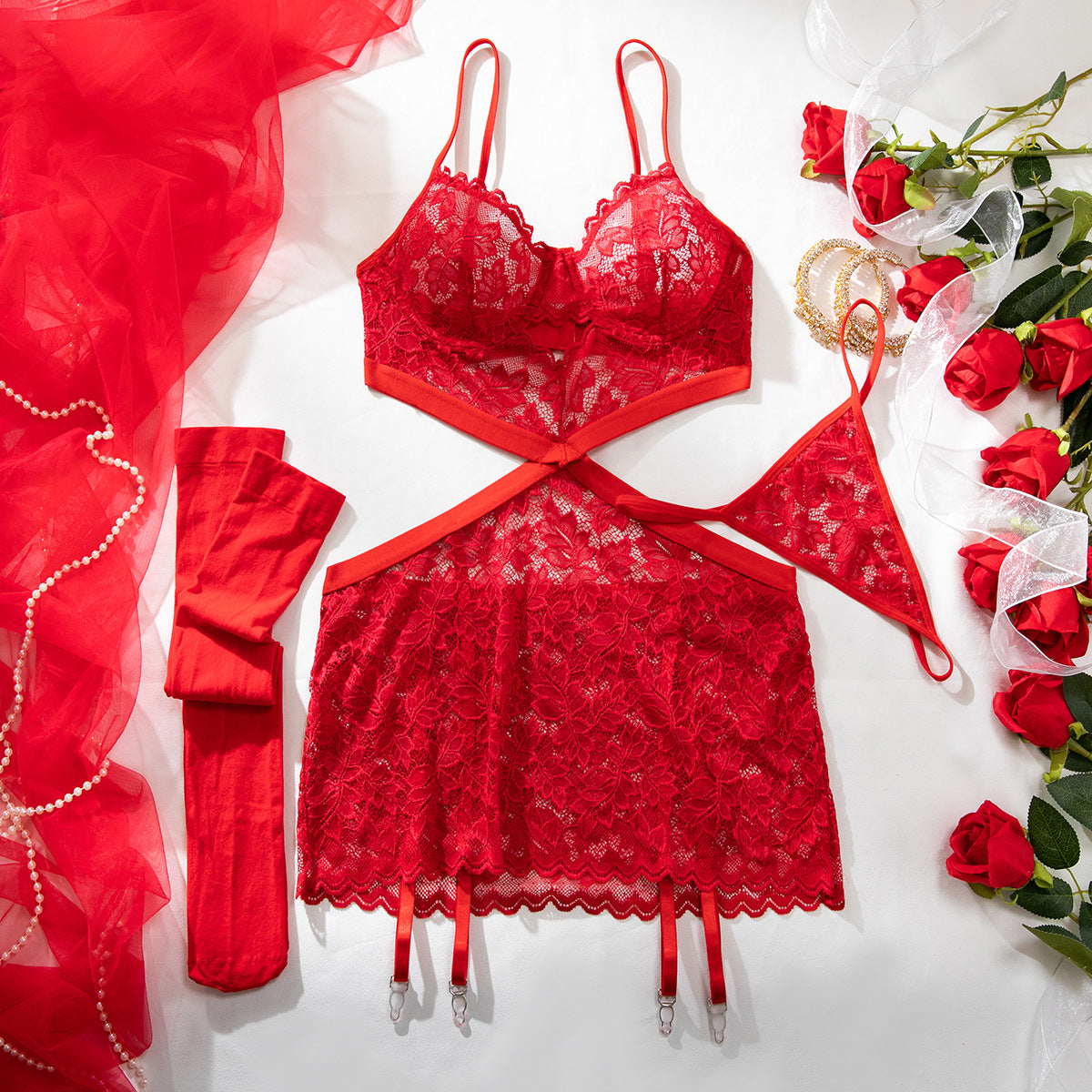 Floral Lace Criss‑Cross Cut‑Out Lingerie Set