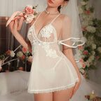 Floral Lace Appliqué Sheer Mesh Babydoll Lingerie