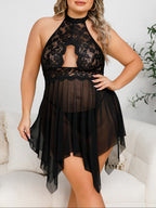 Plus Size Floral Lace Halter Babydoll with Cutout And Asymmetrical Hem