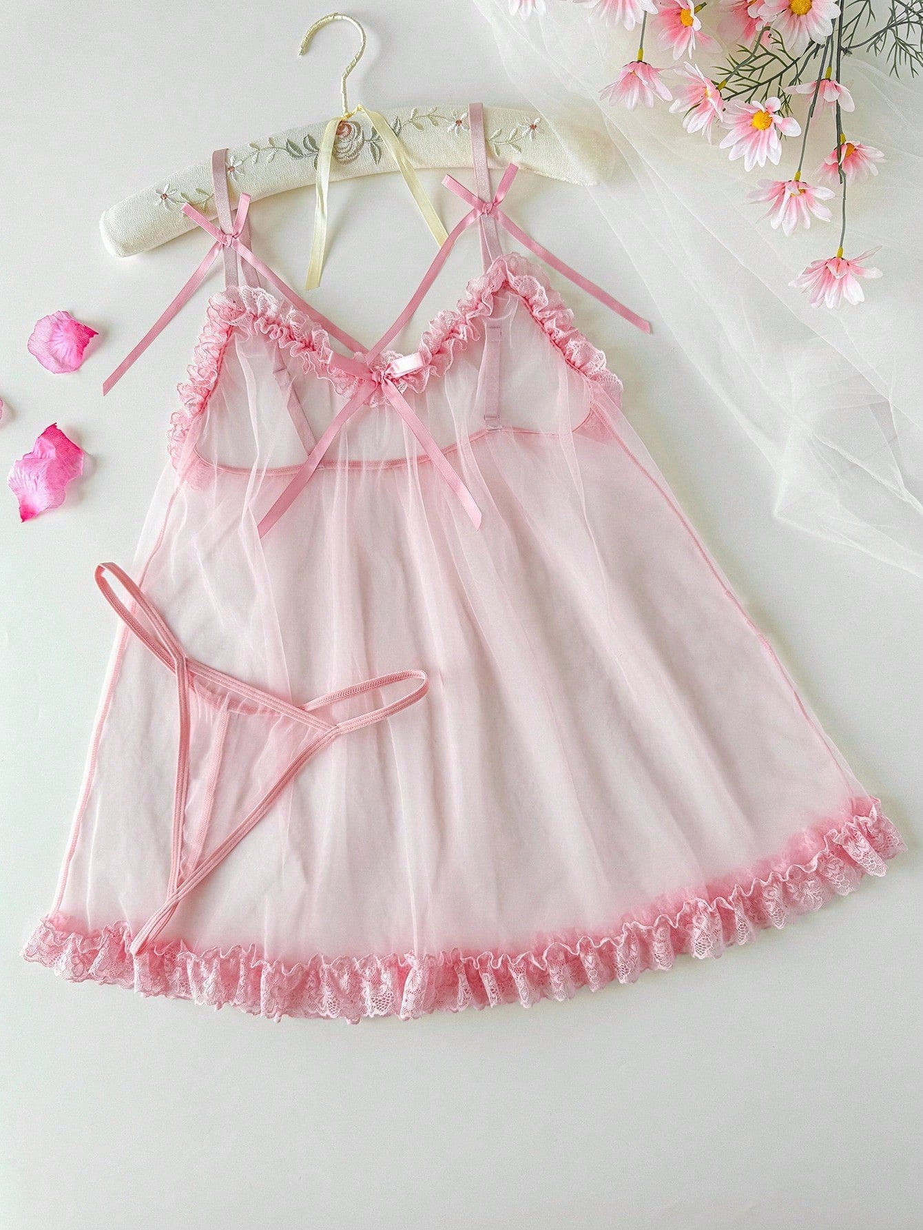 Women's 2 Piece Bow Sheer Mesh Lace Trim Babydoll