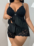 Plus Size Lace Trim Cami Top & Shorts Lingerie Set