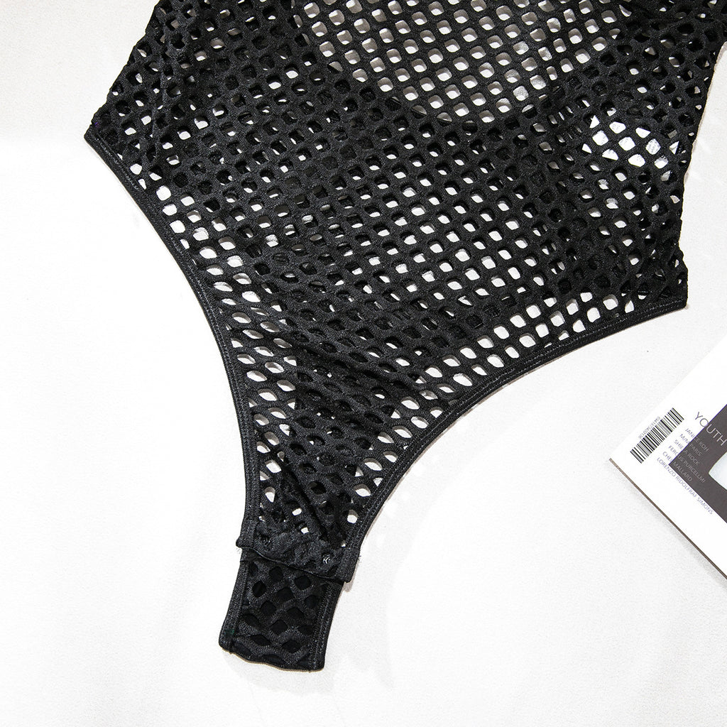 Fishnet Mesh Cross‑Back Criss‑Cross Bodysuit
