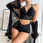 Floral Lace Sheer Robe & Lingerie Set with Satin Trim