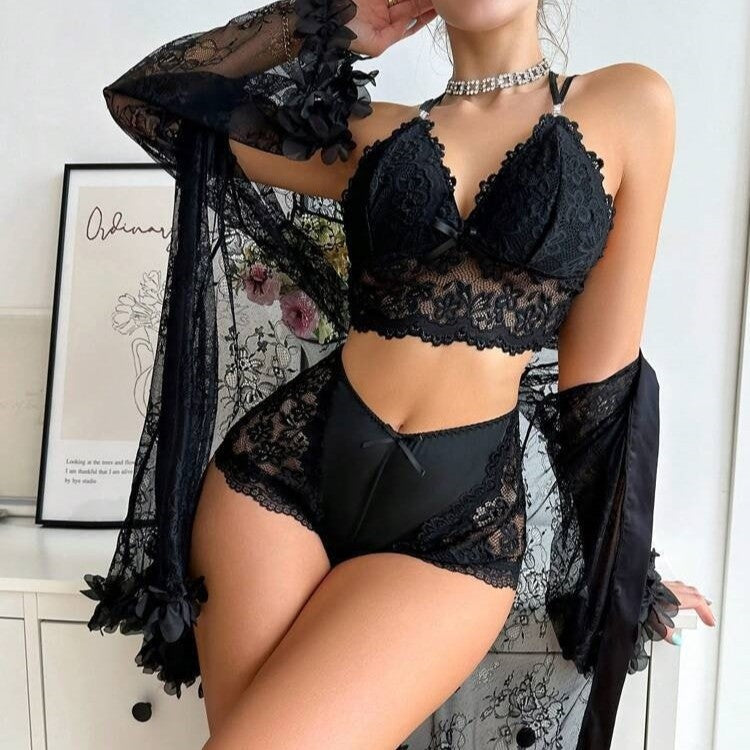Floral Lace Sheer Robe & Lingerie Set with Satin Trim