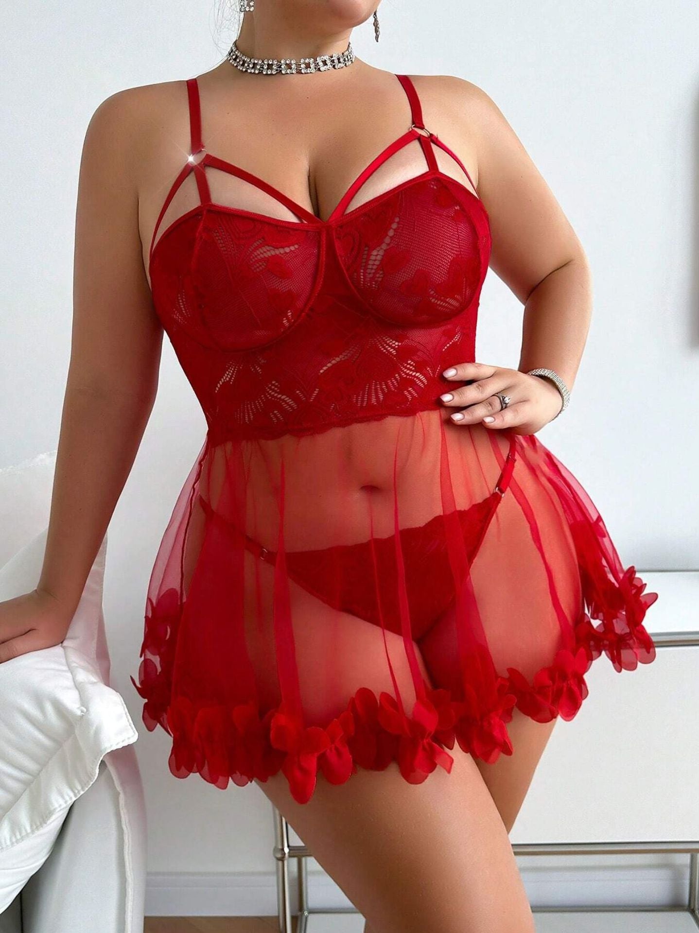 Floral Lace Sheer Babydoll Lingerie Set with Ruffle Hem