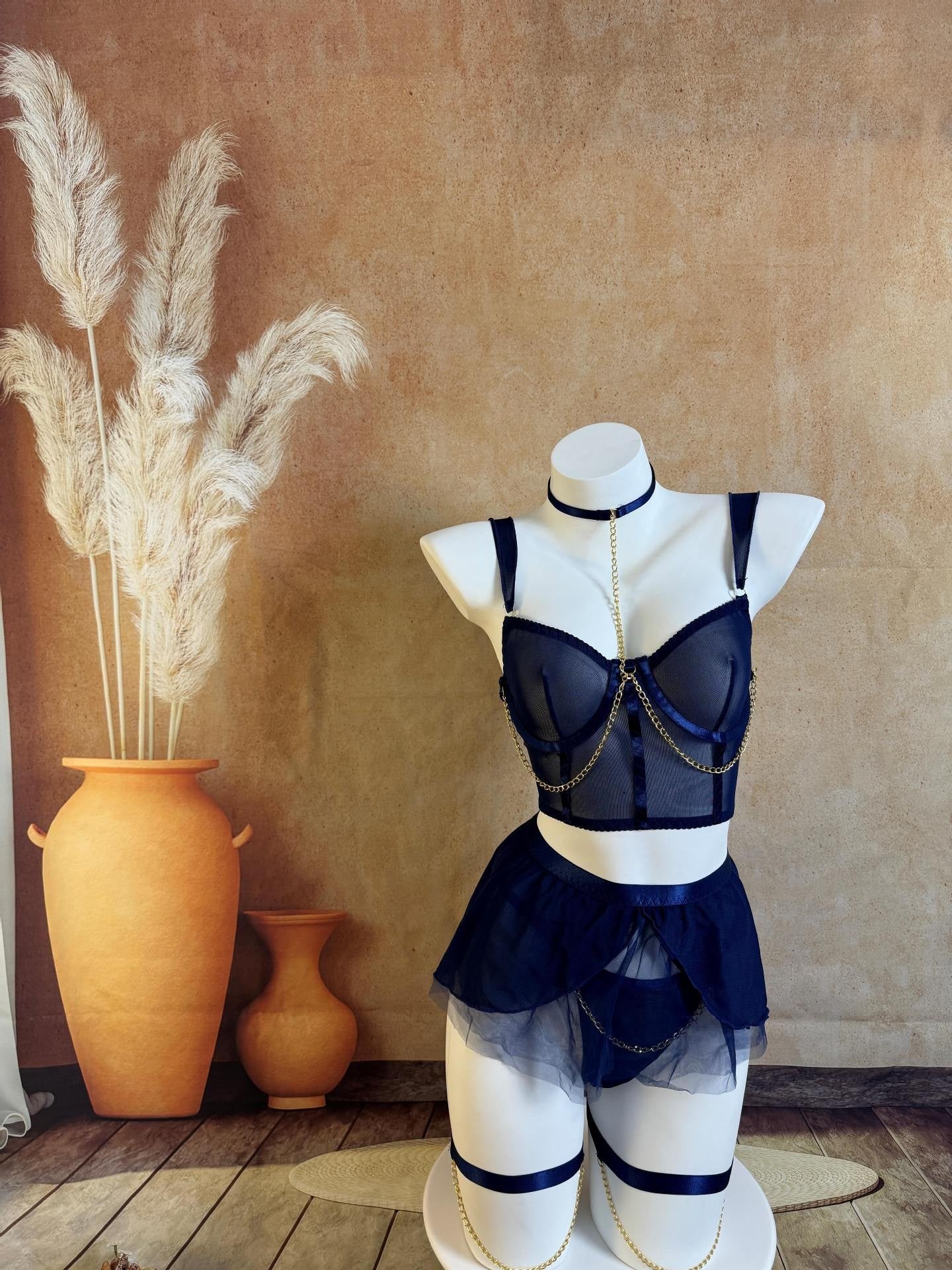 Seductive Sheer Mesh Lingerie Set with Gloves And Garter Straps