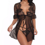 Eyelash Babydoll Open Front Flower Lace Pajama Jacket Seamless Underwear