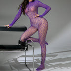 Sexy Stockings Jacquard Hollow Long-sleeved One-piece Suit