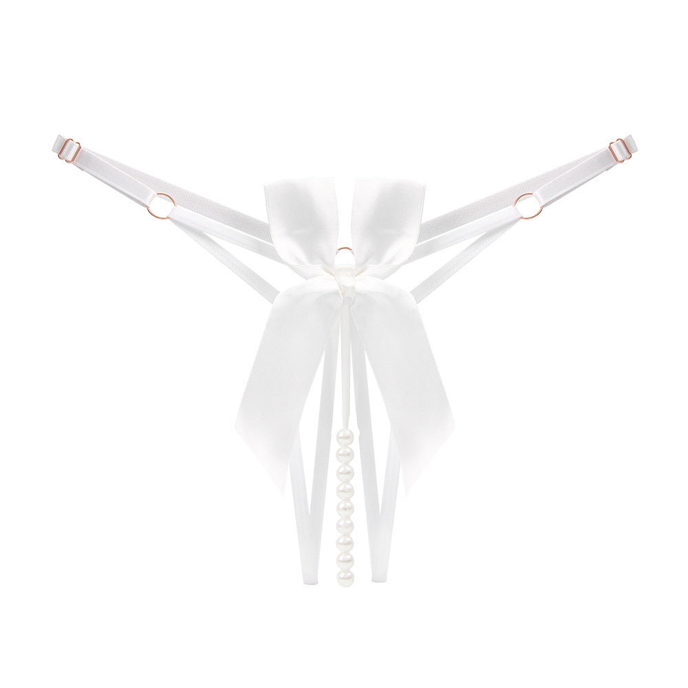 Pearl Beaded Strappy Thong Lingerie with Satin Bow Detail