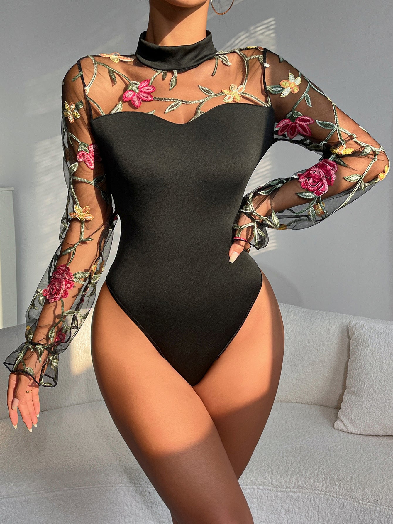 Floral Embroidered Sheer Mesh Bodysuit with Mock Neck