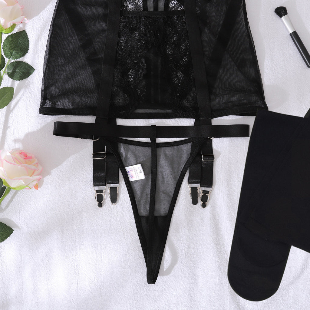 Floral Lace Sheer Mesh Open‑Back Mini Lingerie