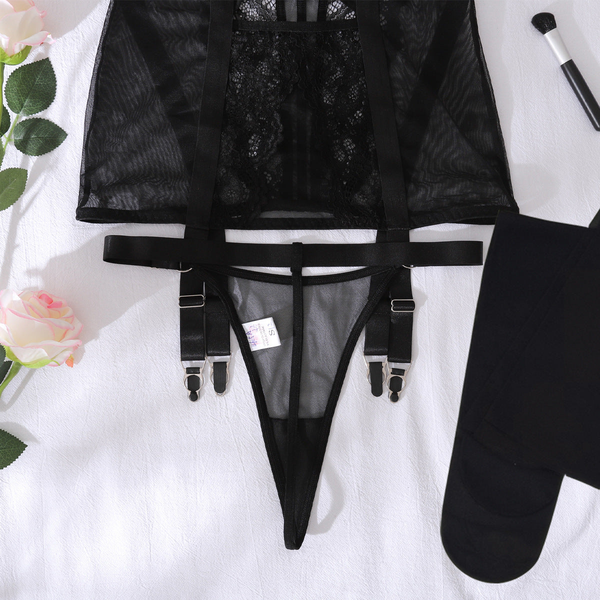 Floral Lace Sheer Mesh Open‑Back Mini Lingerie