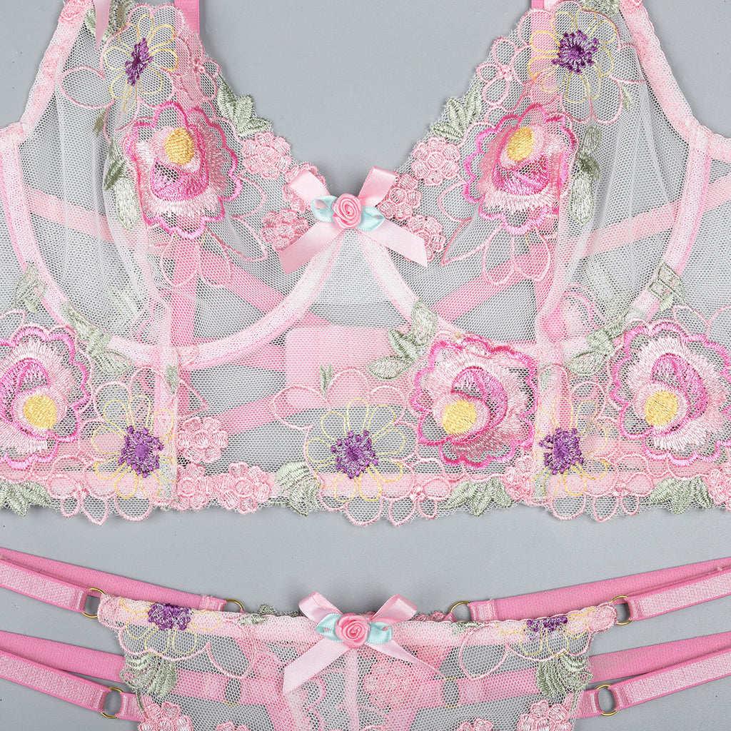 Floral‑Applique Lace  Back Intimate Lingerie Set