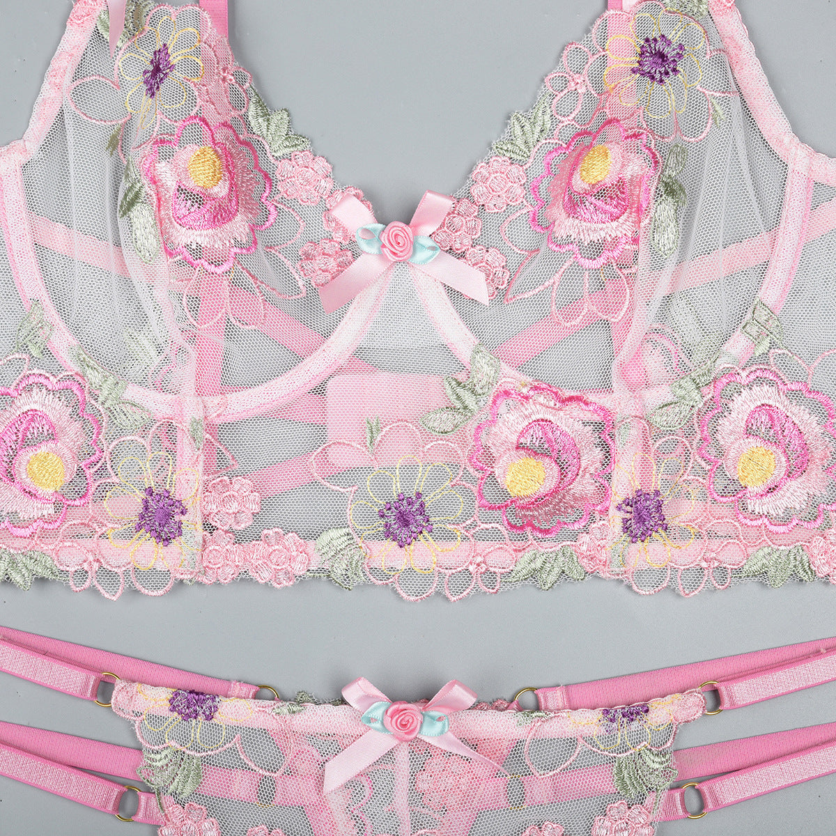 Floral‑Applique Lace  Back Intimate Lingerie Set