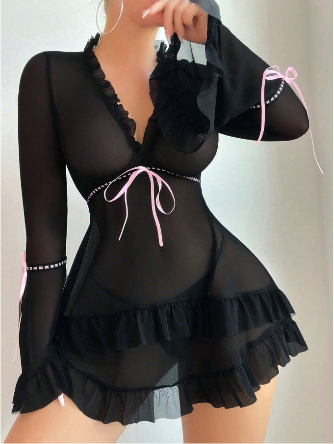 Long Sleeve Sheer Mesh Babydoll with Rhinestone Detail & Bow Ties
