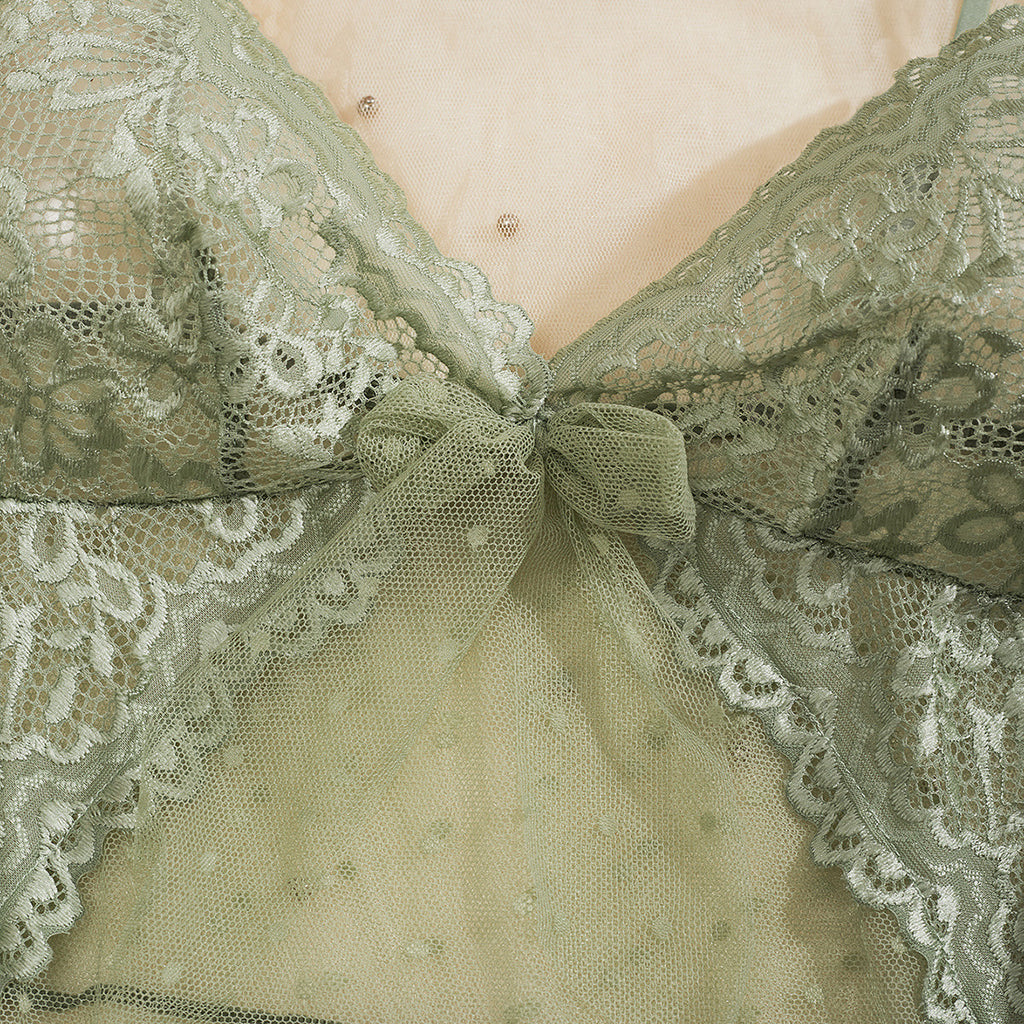 Floral Lace Polka‑Dot Mesh Ruffled Chemise