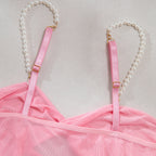 Pearl Spaghetti‑Strap Sheer Mesh Ruched Chemise