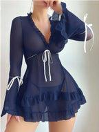 Long Sleeve Sheer Mesh Babydoll with Rhinestone Detail & Bow Ties