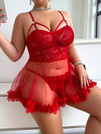 Floral Lace Sheer Babydoll Lingerie Set with Ruffle Hem