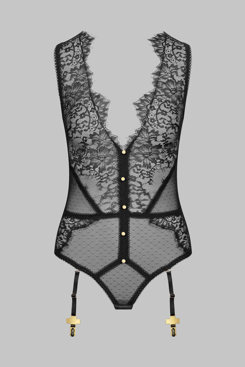 Elegant Sleeveless Lace Garter Bodysuit with Front Button Detail
