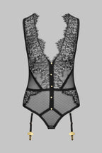 Elegant Sleeveless Lace Garter Bodysuit with Front Button Detail