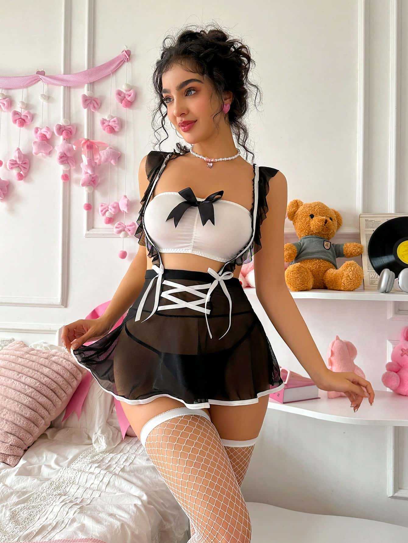 Sheer Mesh Role-Play Lingerie Set with Adjustable Fit
