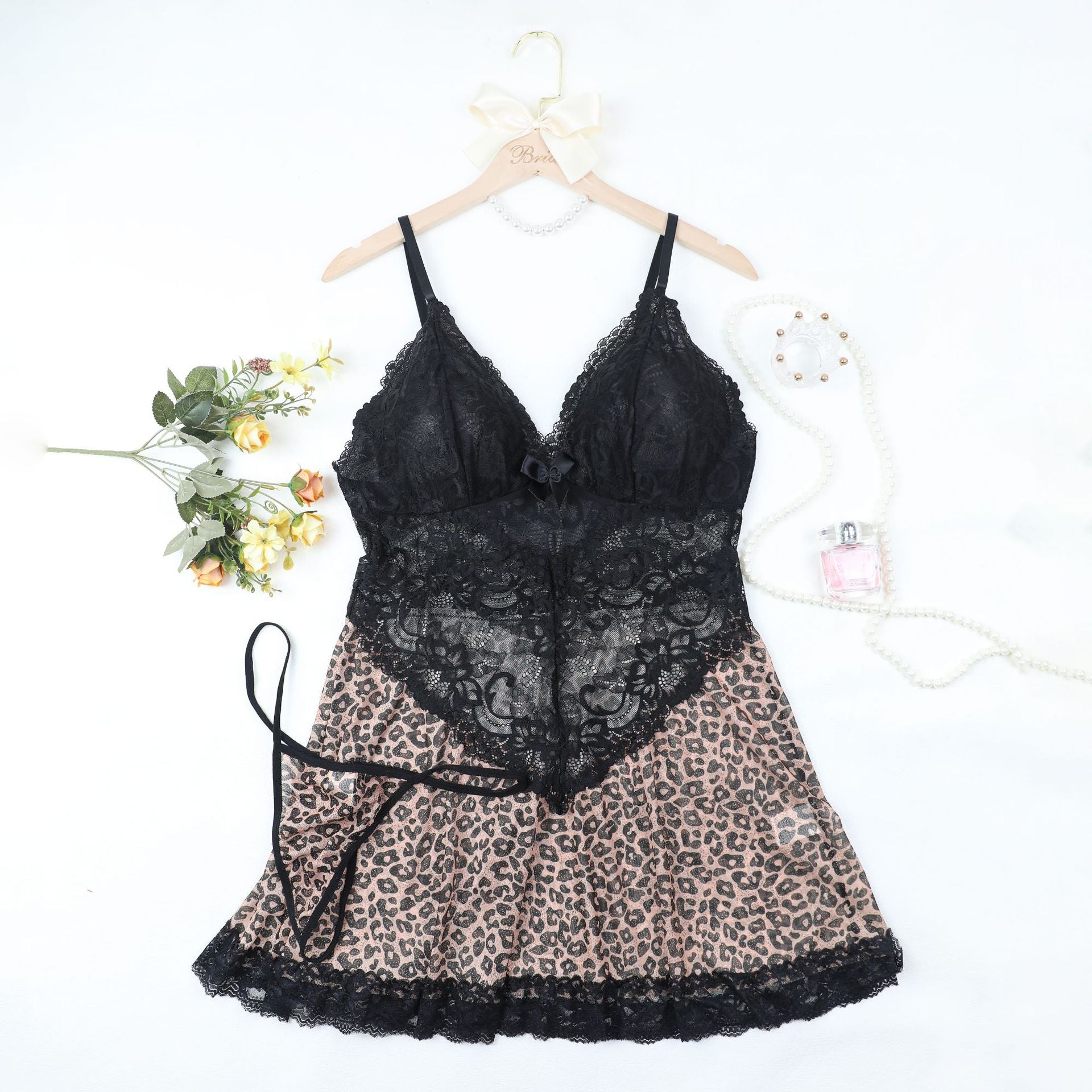 Leopard Print Lace Babydoll with Sheer Mesh Bust
