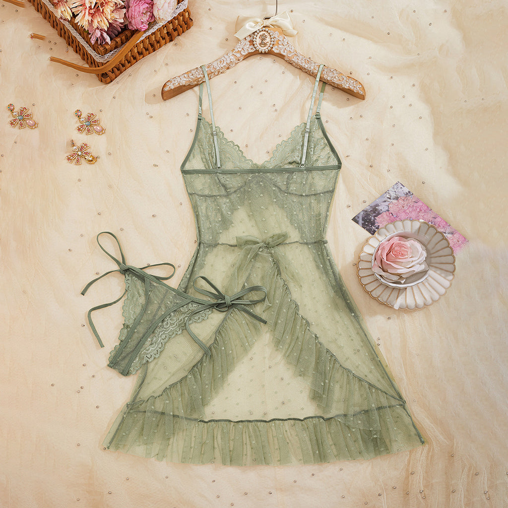 Floral Lace Polka‑Dot Mesh Ruffled Chemise