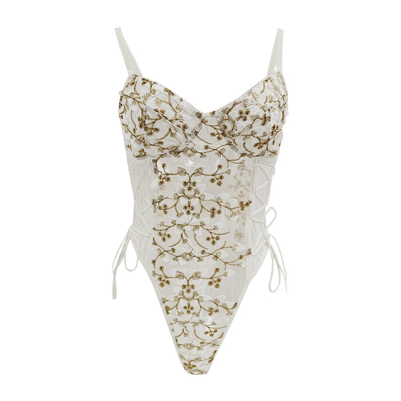 Floral Embroidered Sheer Mesh Bodysuit with Back Cutout