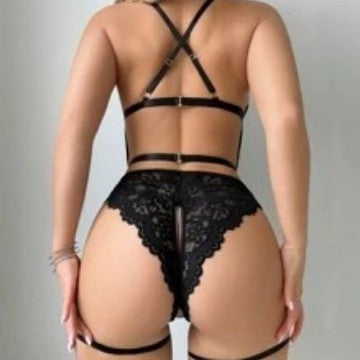 Floral Lace Bodysuit with Heart Buckle & Garter Straps