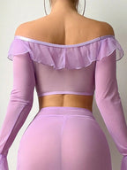Off-Shoulder Sheer Mesh Lingerie Set with Ruffle Trim And Bow Detail
