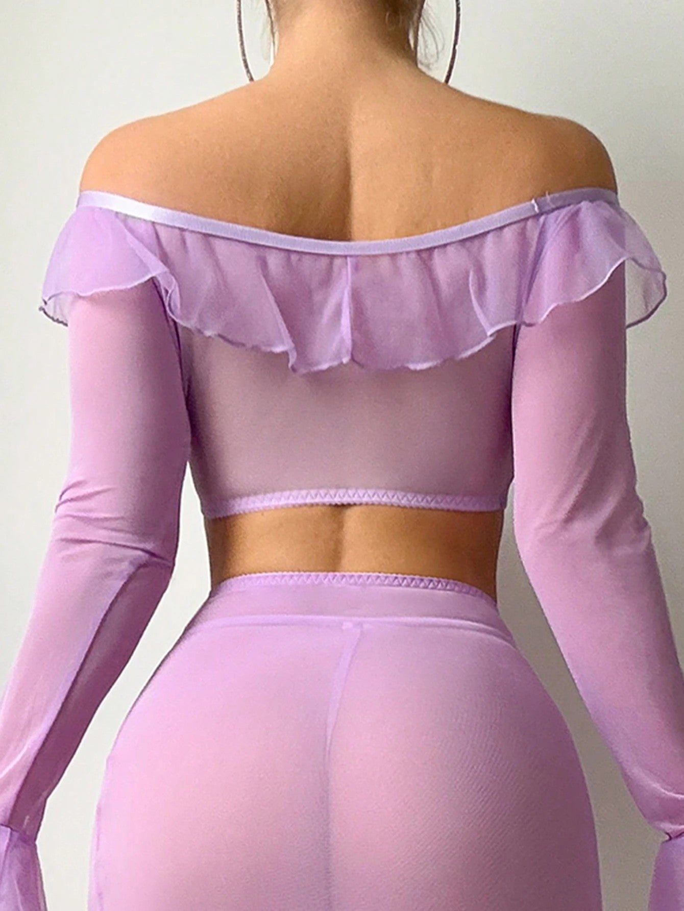 Off-Shoulder Sheer Mesh Lingerie Set with Ruffle Trim And Bow Detail