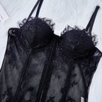 Seductive Sheer Lace Corset Bustier Lingerie with Eyelash Trim