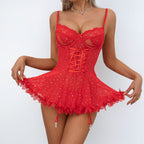 Polka Dot Lace Front Lace-Up Tutu Ruffle Babydoll