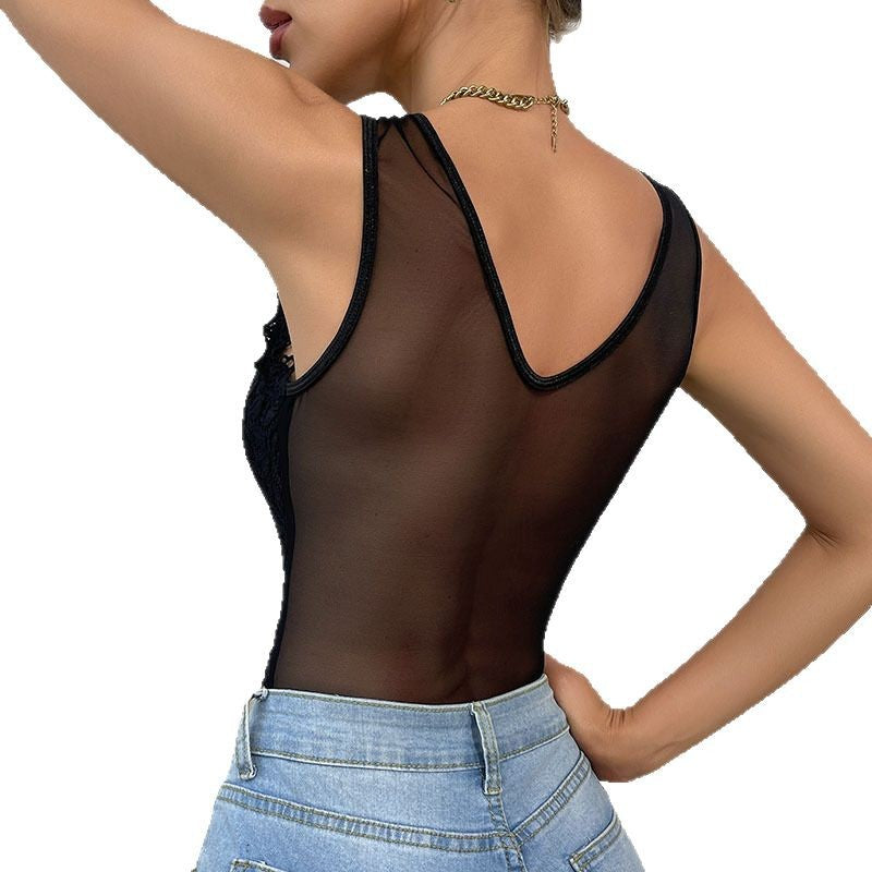 Sheer Mesh V-Neck Lace Bodysuit with Sleeveless Design