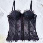 Seductive Sheer Lace Corset Bustier Lingerie with Eyelash Trim