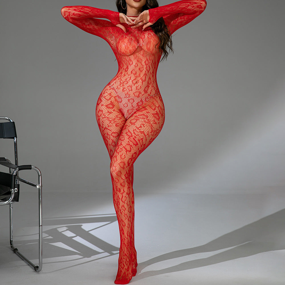 Sexy Stockings Jacquard Hollow Long-sleeved One-piece Suit