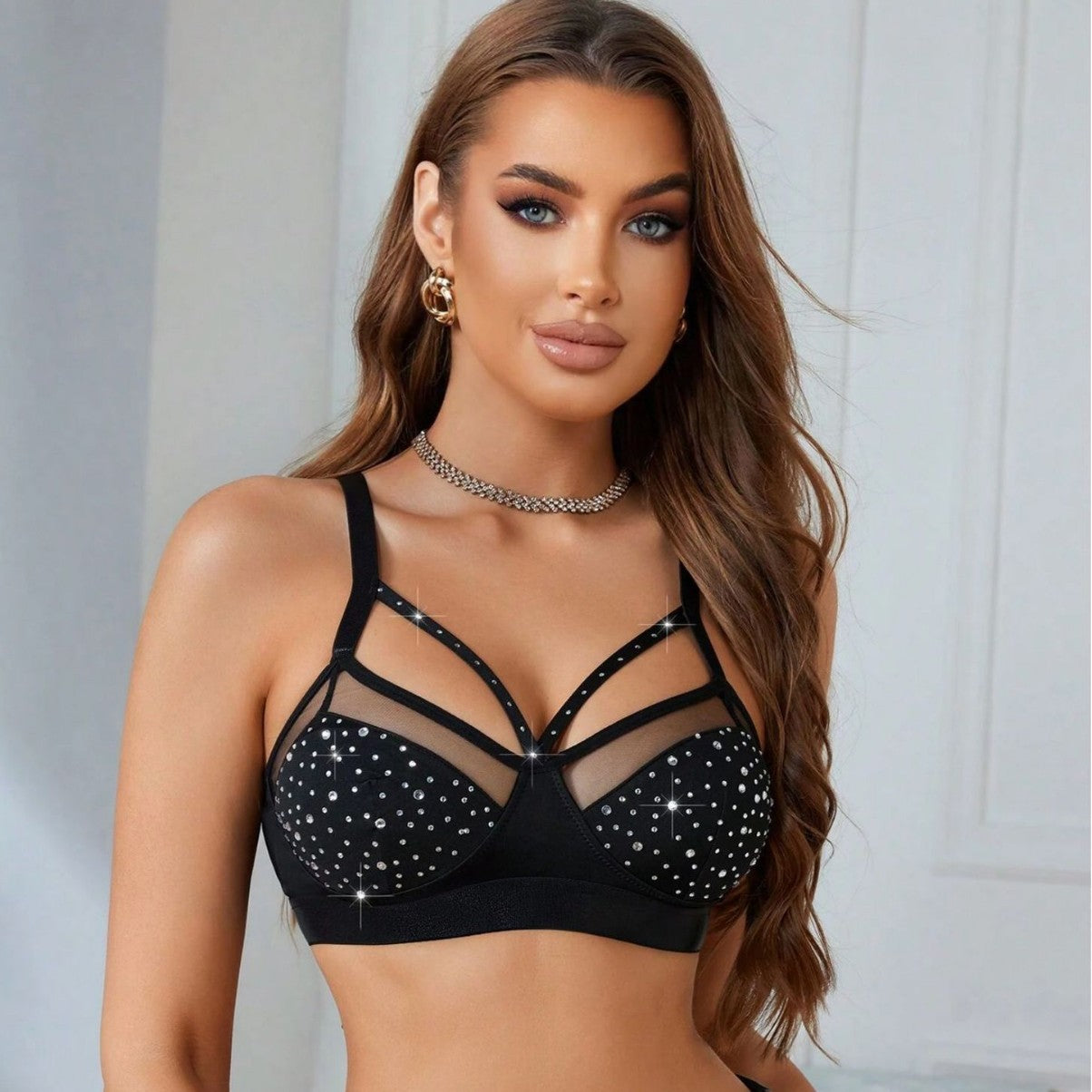 Diamond-Studded Sheer Mesh Push-Up Bra with Adjustable Straps