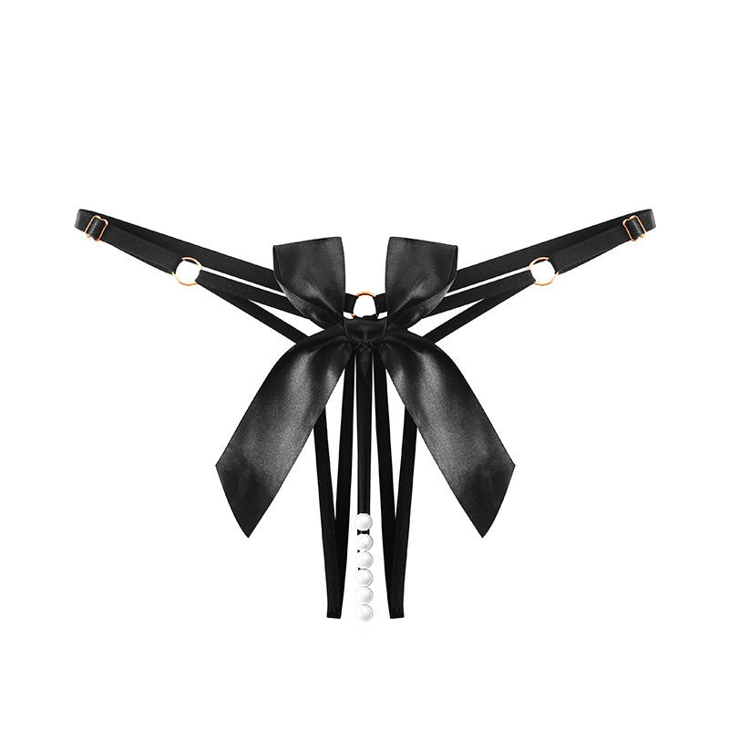 Pearl Beaded Strappy Thong Lingerie with Satin Bow Detail
