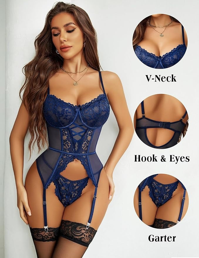 Floral Lace Corset Lingerie Set with Garter Straps And Cutout Detail
