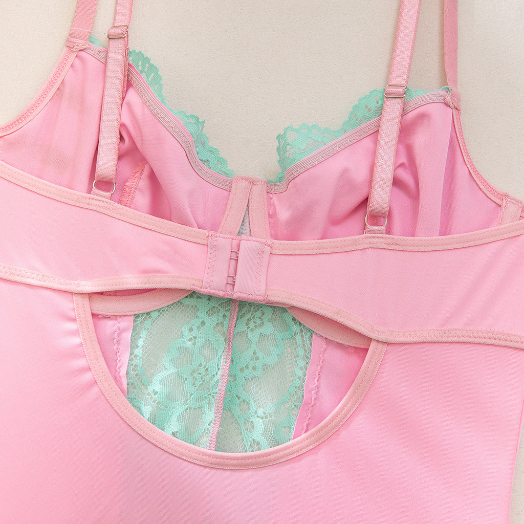 Contrast‑Color Floral Lace Panel Teddy Bodysuit
