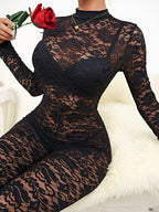 Floral Lace Mock Neck Full-Length Bodysuit