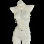 Classic Long Faux Pearl Dress with Heart Pendant and Crystal Accent Women's Party Banquet Body Chain
