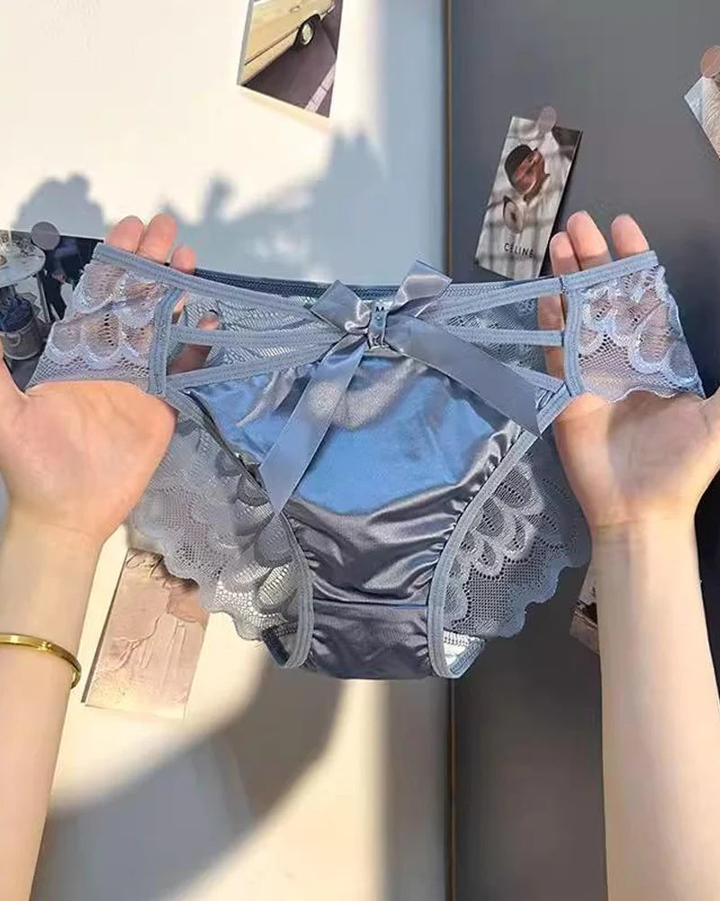 Sexy Low-rise Satin Bow-embroidered See-through Lace Panties