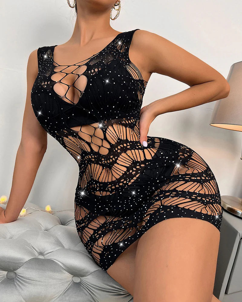 Rhinestone Sleeveless Stretch Fishnet Nightgown and Bow-tie Stockings Set