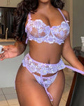 Floral Embroidered Lace Mesh Sheer See-through Hollow-out Lingerie Set