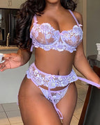 Floral Embroidered Lace Mesh Sheer See-through Hollow-out Lingerie Set