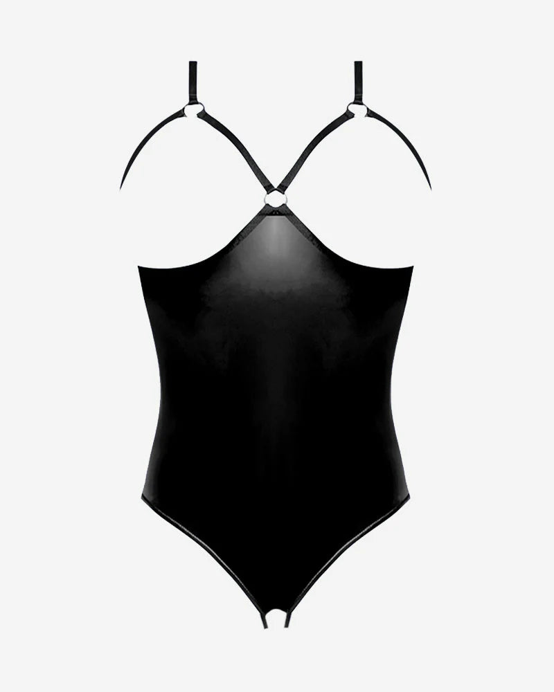 Leather PU Crotchless and Cupless Teddy